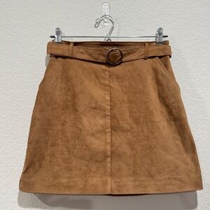 Hollister Ultra High Rise Mini‎ Skirt Faux Suede Small Brown Belt Pockets Zipper